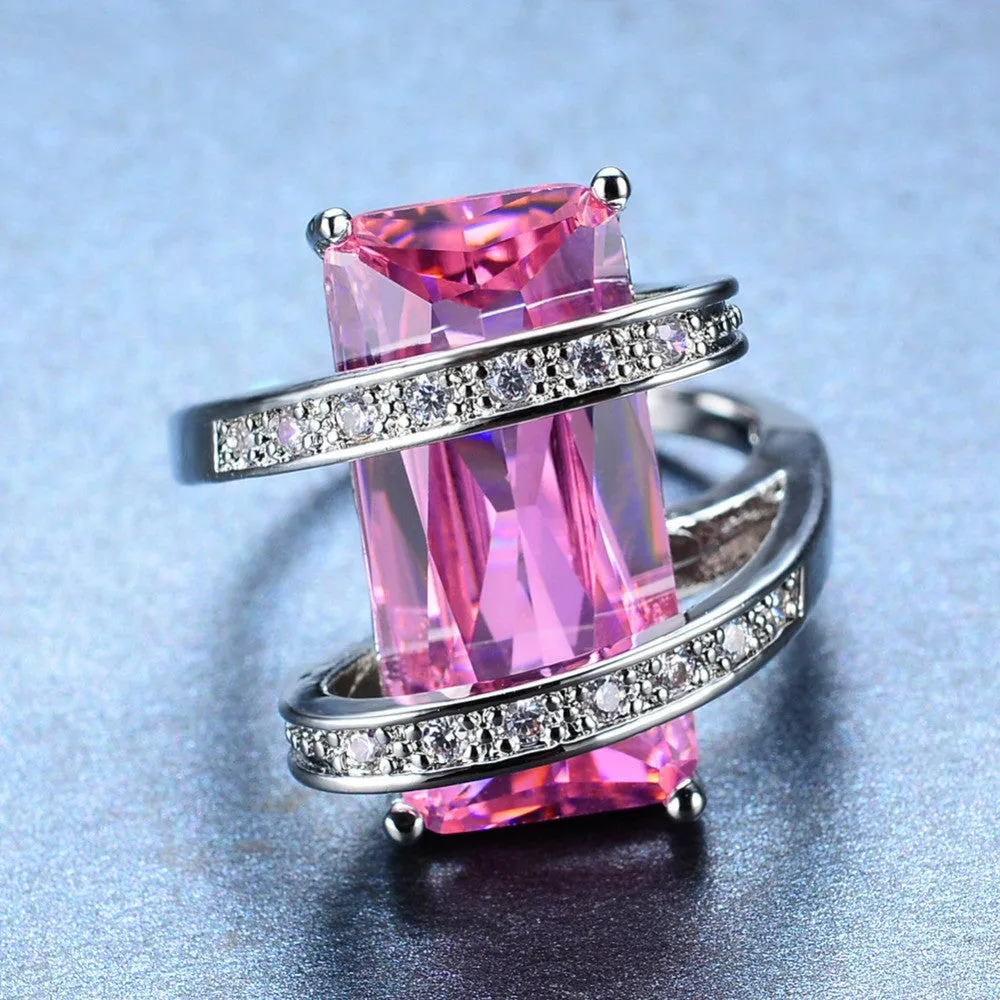 Big Geometric Female Ring Cute Princess Cut Pink Ring New Fashion White Gold Filled Jewelry Promise Engagement Ring