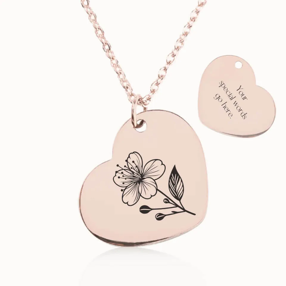 Birth Flower Heart Pendant on Fine Chain