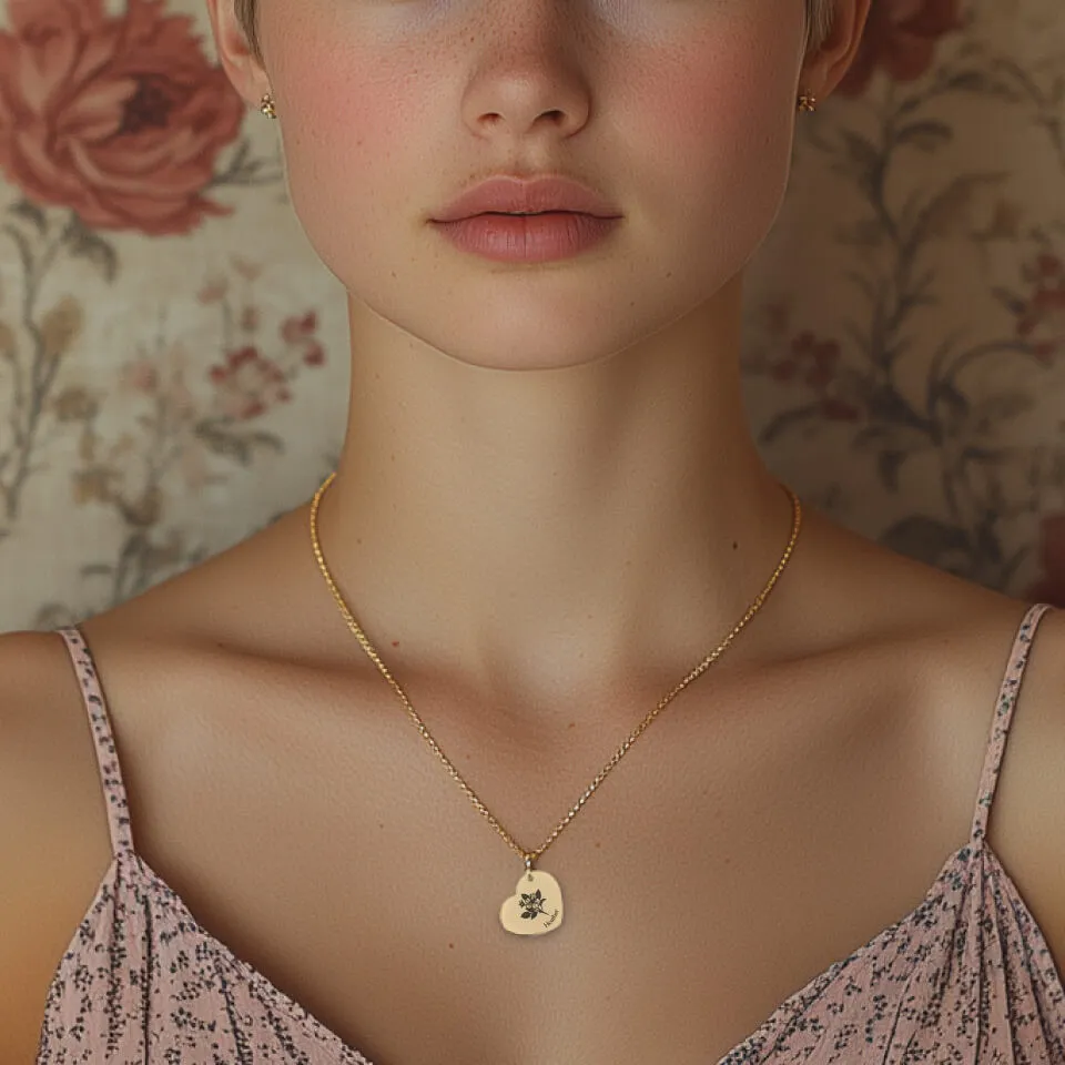 Birth Flower Heart Pendant on Fine Chain