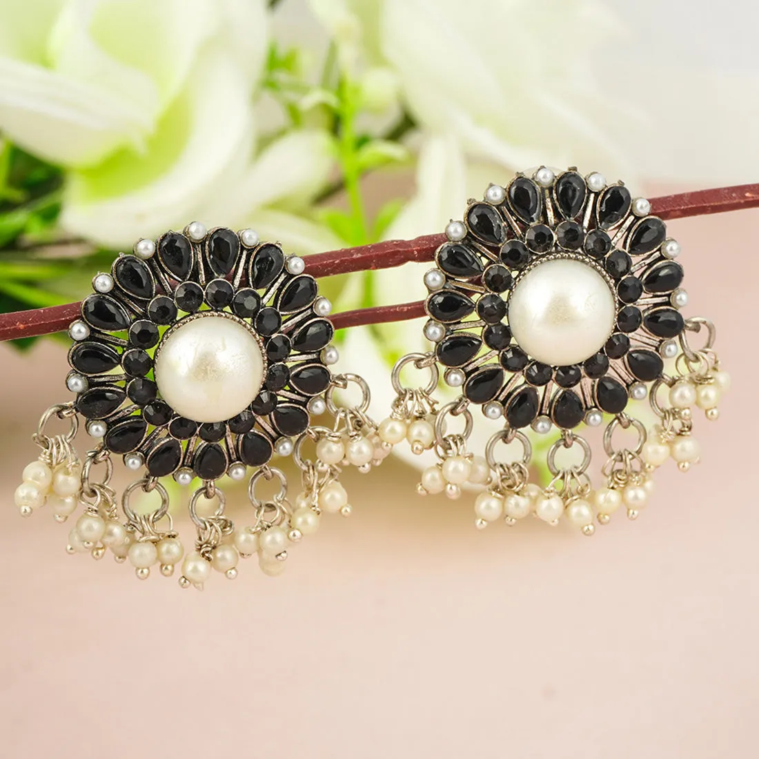 Black Crystal Pearl Floral Studs