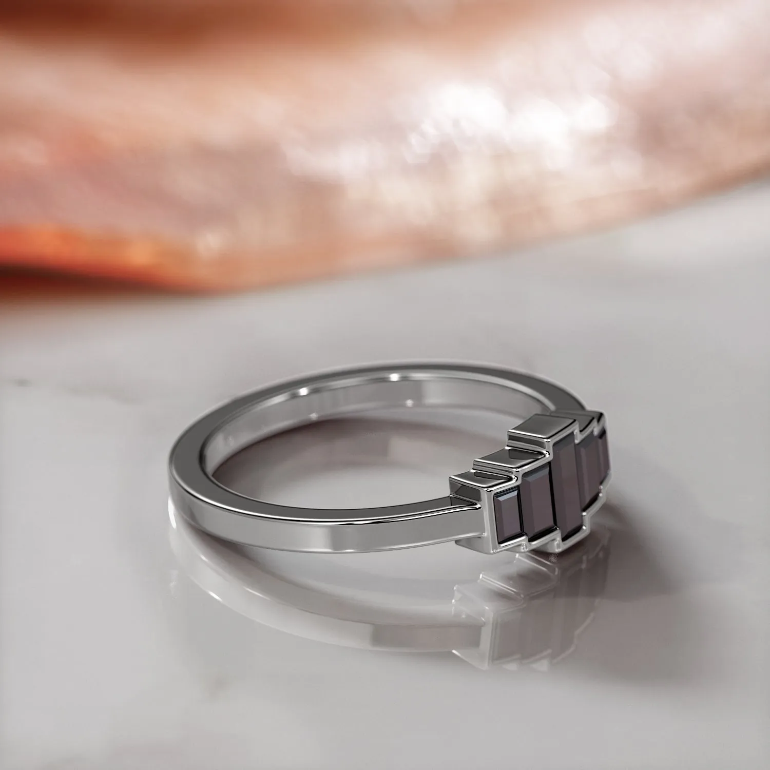 Black Orchid Geometric  Natural Black Diamond Ring Set With Baguette Cut Diamonds