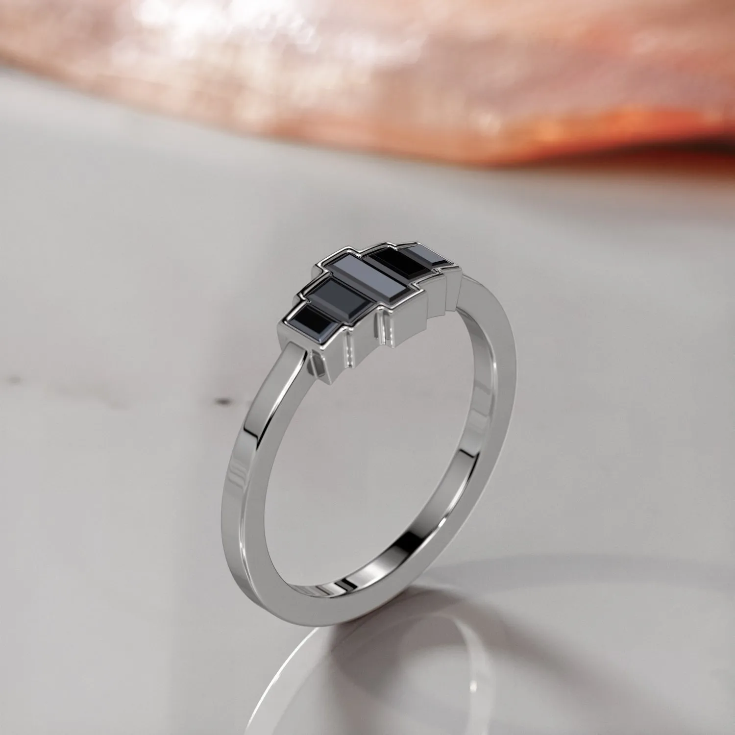 Black Orchid Geometric  Natural Black Diamond Ring Set With Baguette Cut Diamonds