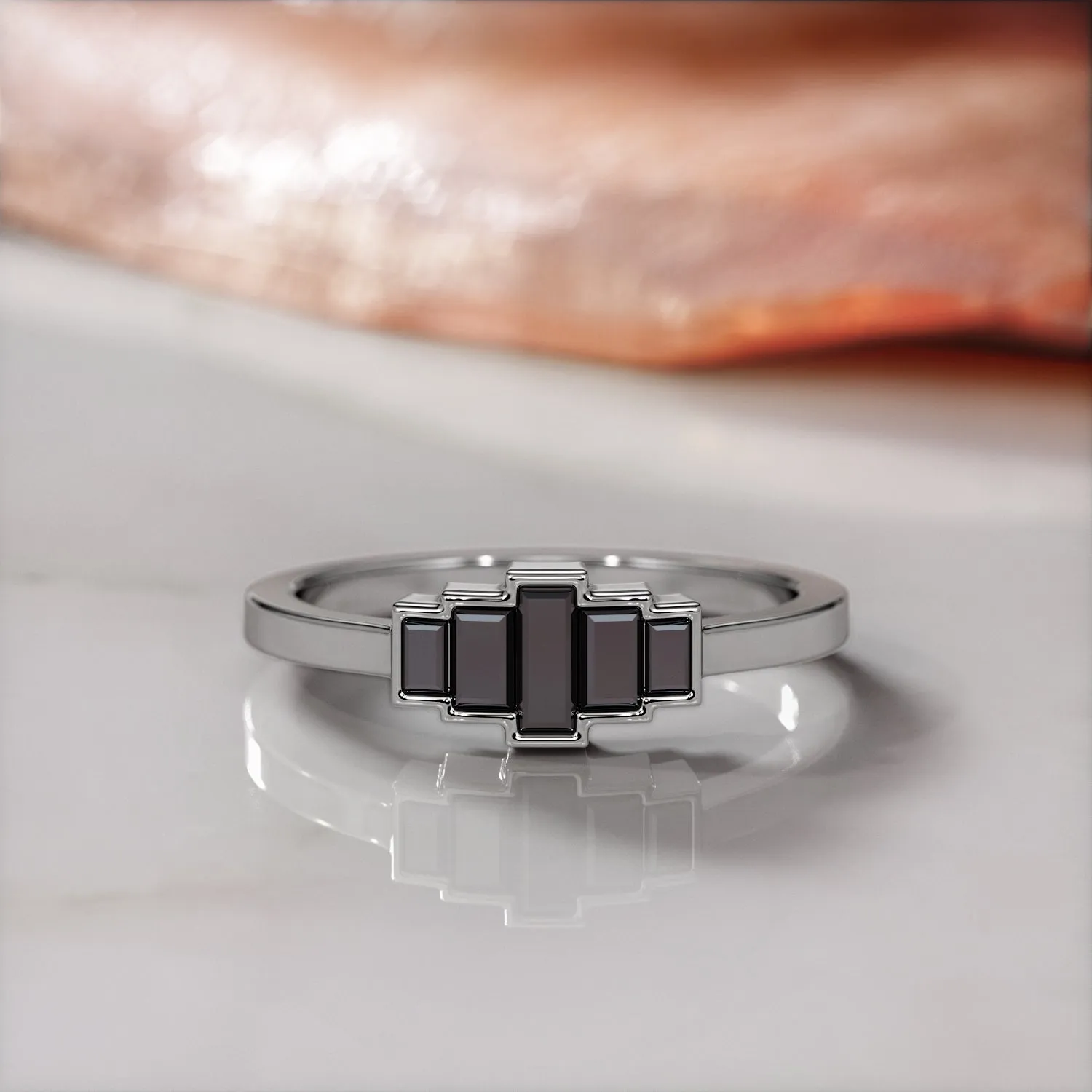 Black Orchid Geometric  Natural Black Diamond Ring Set With Baguette Cut Diamonds