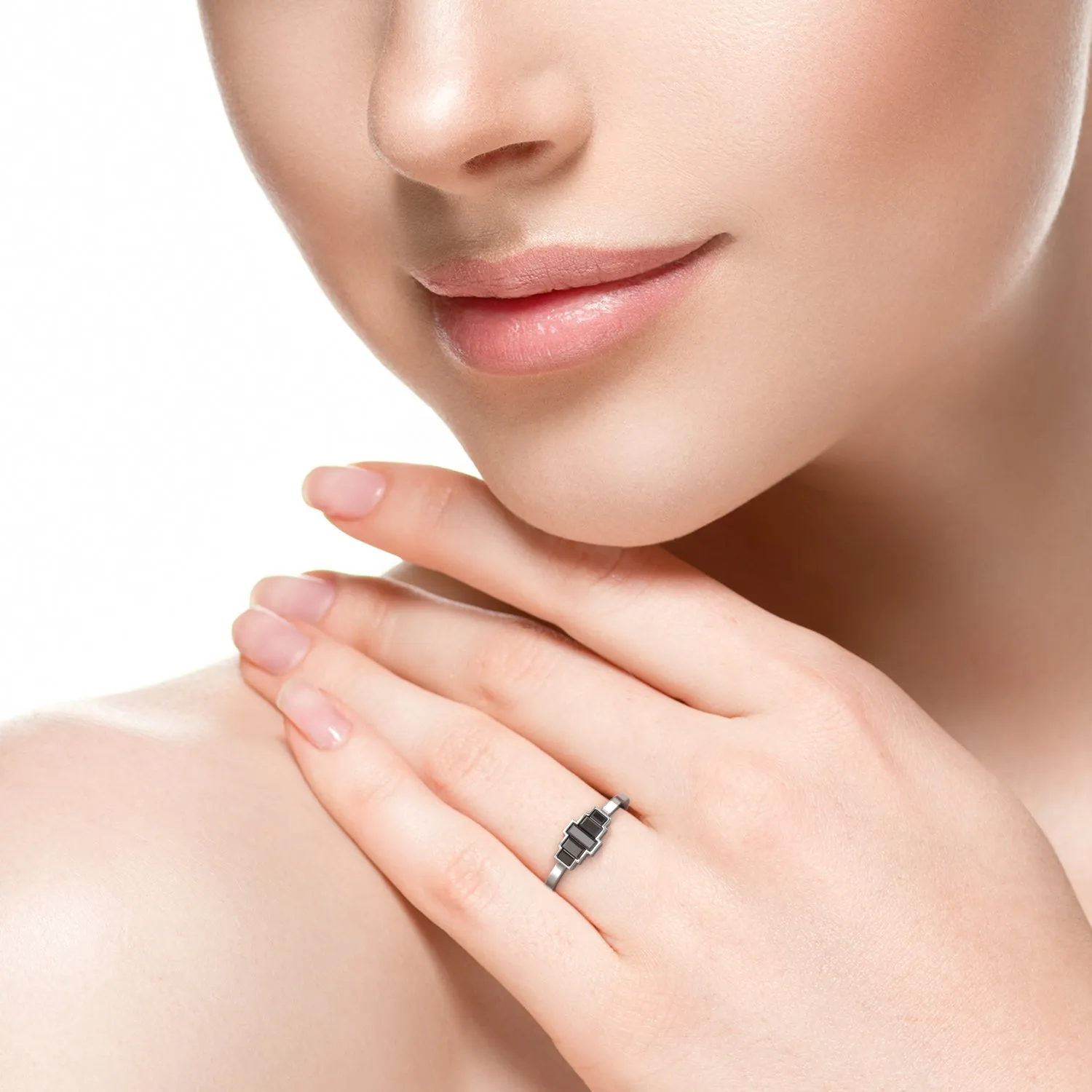 Black Orchid Geometric  Natural Black Diamond Ring Set With Baguette Cut Diamonds