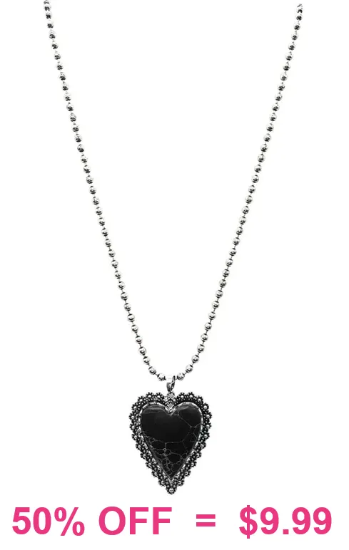 Black Stone Heart Pendant Ball Chain Necklace