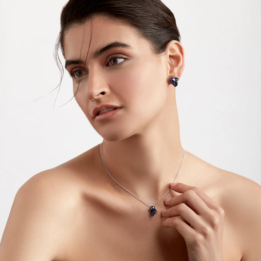 Blackthorn Stud Earrings - Silver, Black Spinel & Black Pearl