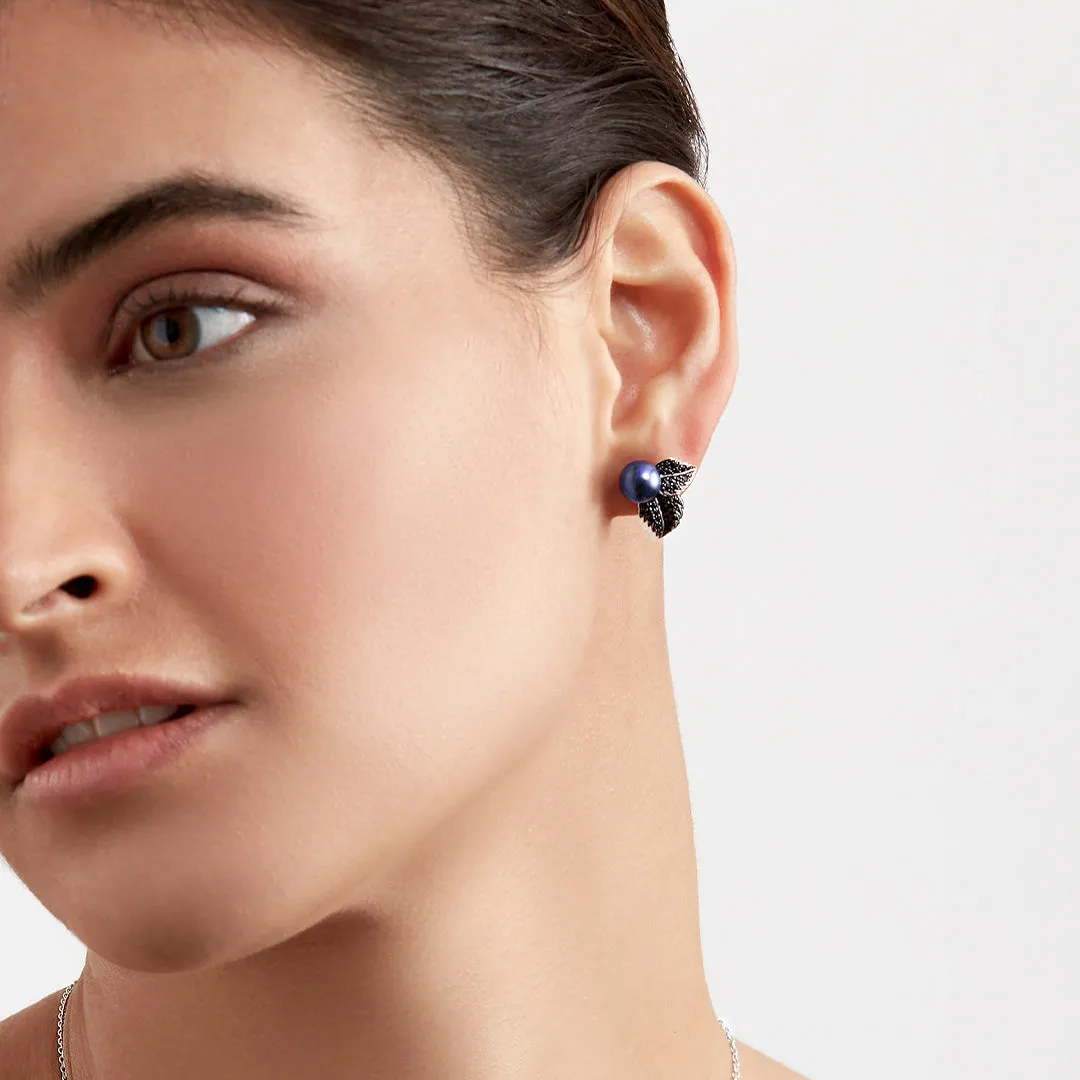 Blackthorn Stud Earrings - Silver, Black Spinel & Black Pearl