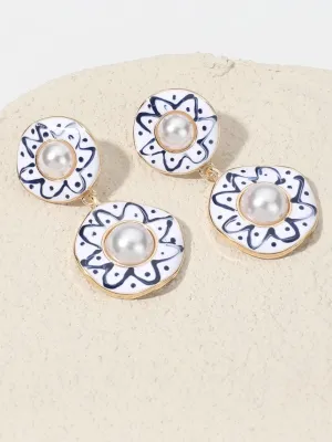 Blue Ceramic Pearl Stud Disc Dangle Earrings