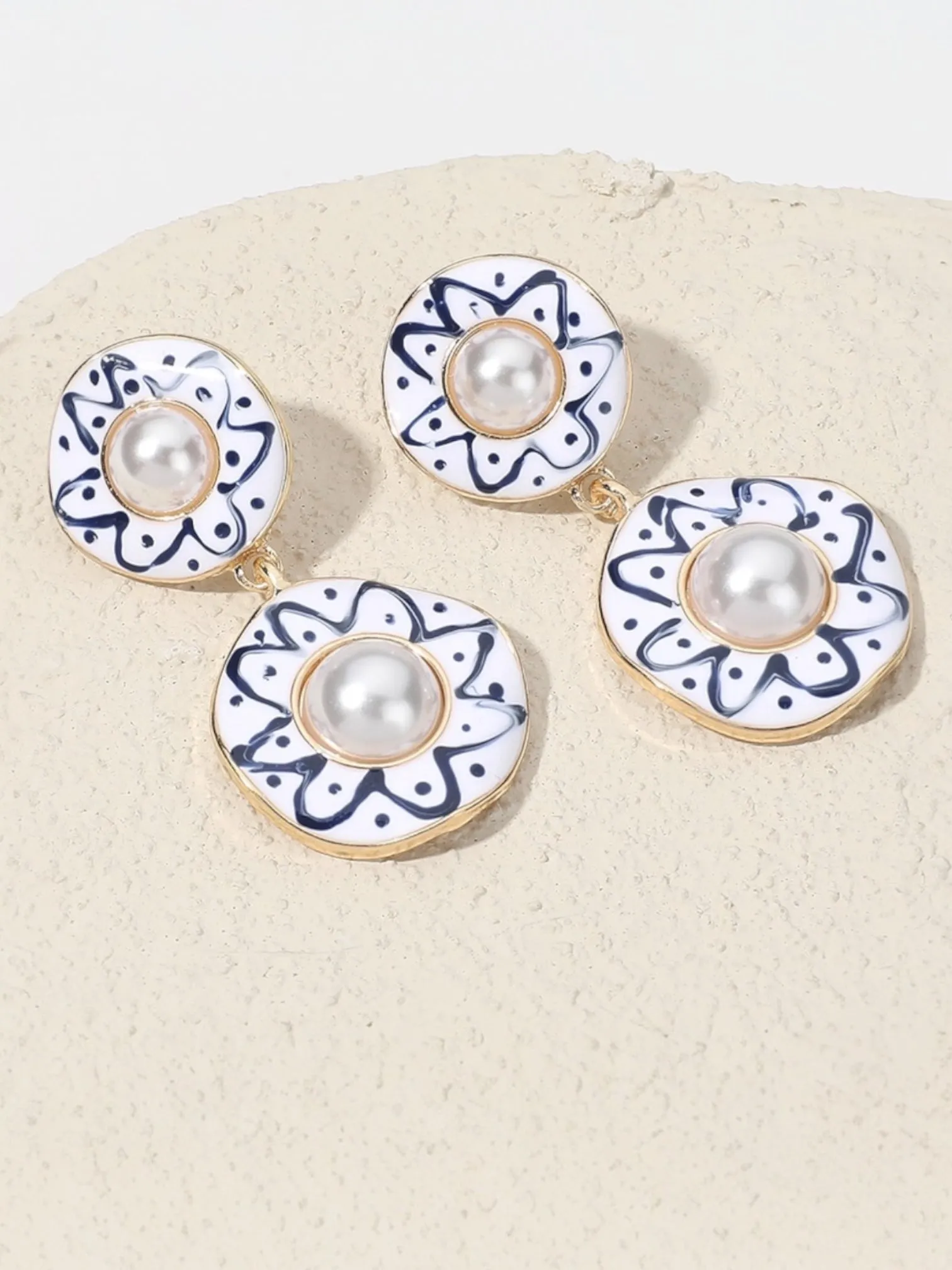 Blue Ceramic Pearl Stud Disc Dangle Earrings