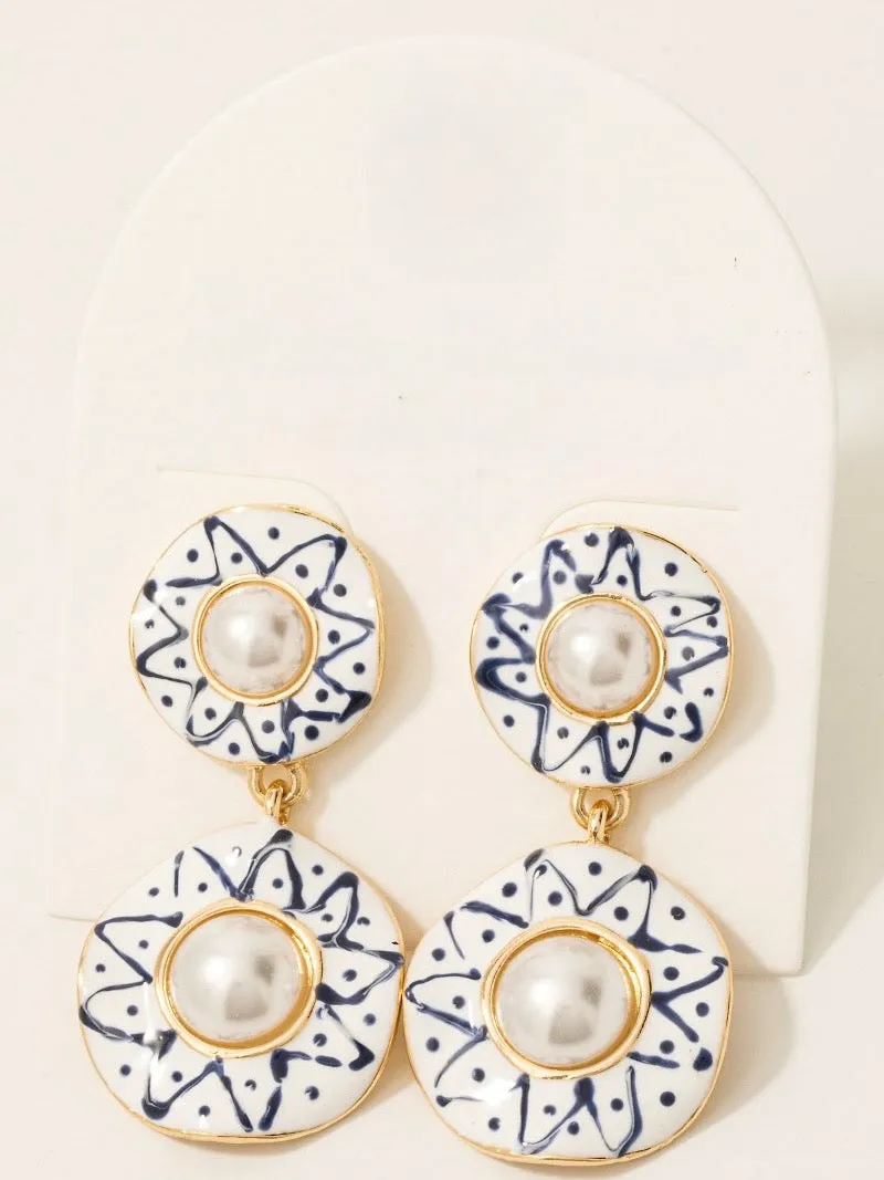 Blue Ceramic Pearl Stud Disc Dangle Earrings