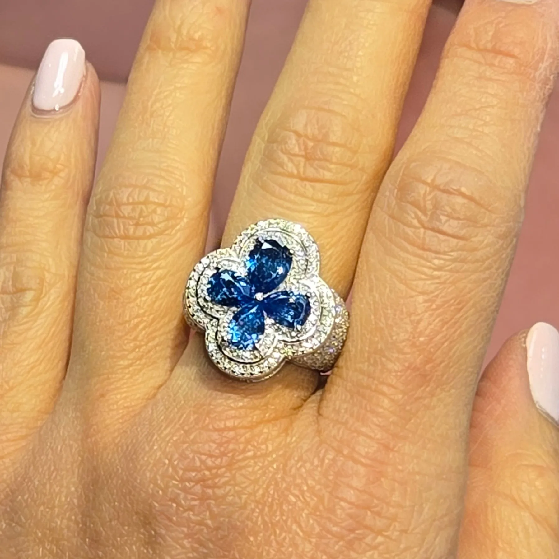 Blue Flower Sterling Silver Ring Lab-Created Moissanite - M1028259