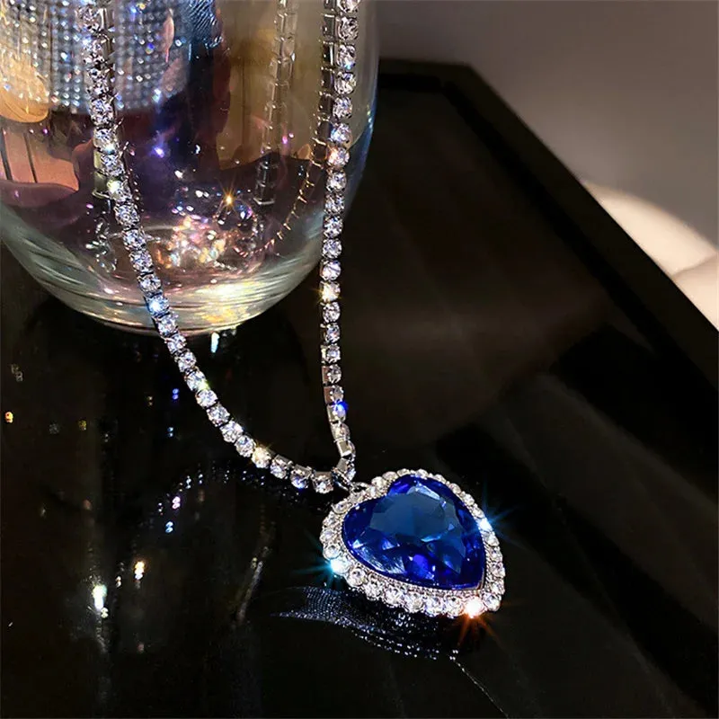 Blue Heart Crystal Necklaces for Women Long Chain Pendant Necklaces Statement Jewelry