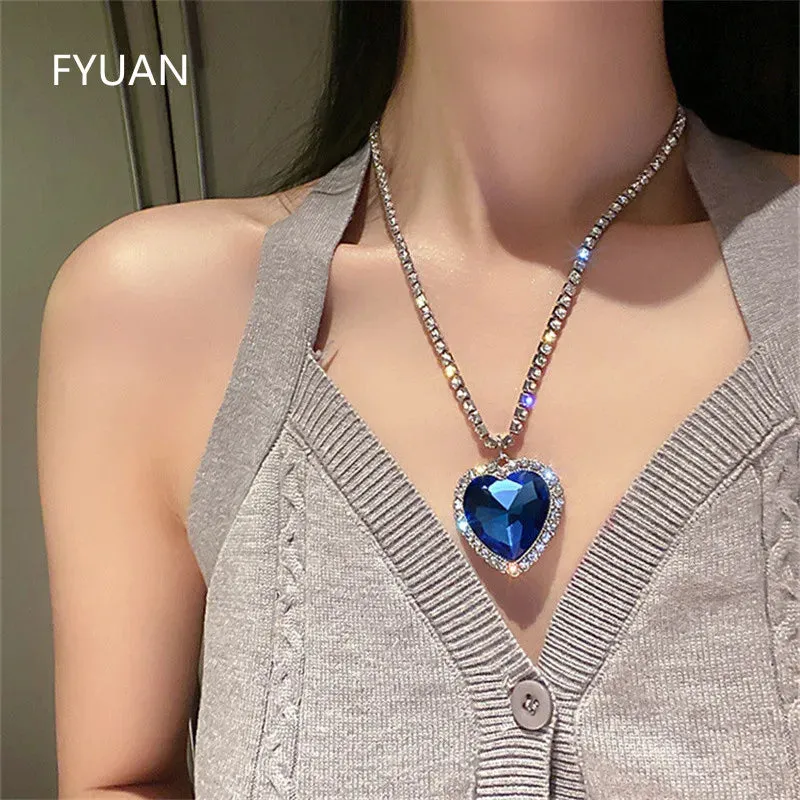 Blue Heart Crystal Necklaces for Women Long Chain Pendant Necklaces Statement Jewelry