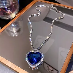 Blue Heart Crystal Necklaces for Women Long Chain Pendant Necklaces Statement Jewelry