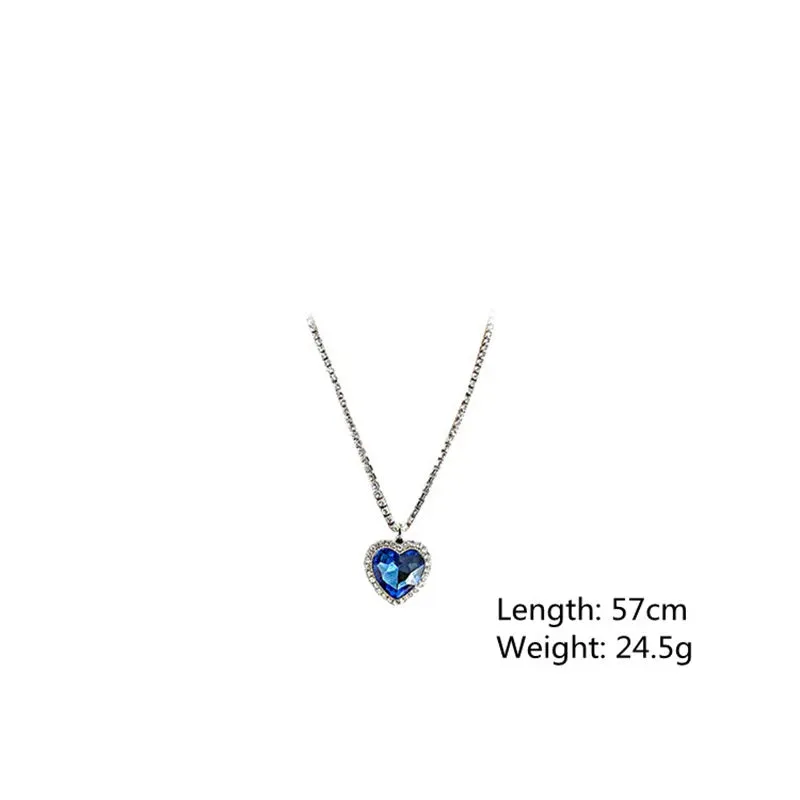 Blue Heart Crystal Necklaces for Women Long Chain Pendant Necklaces Statement Jewelry