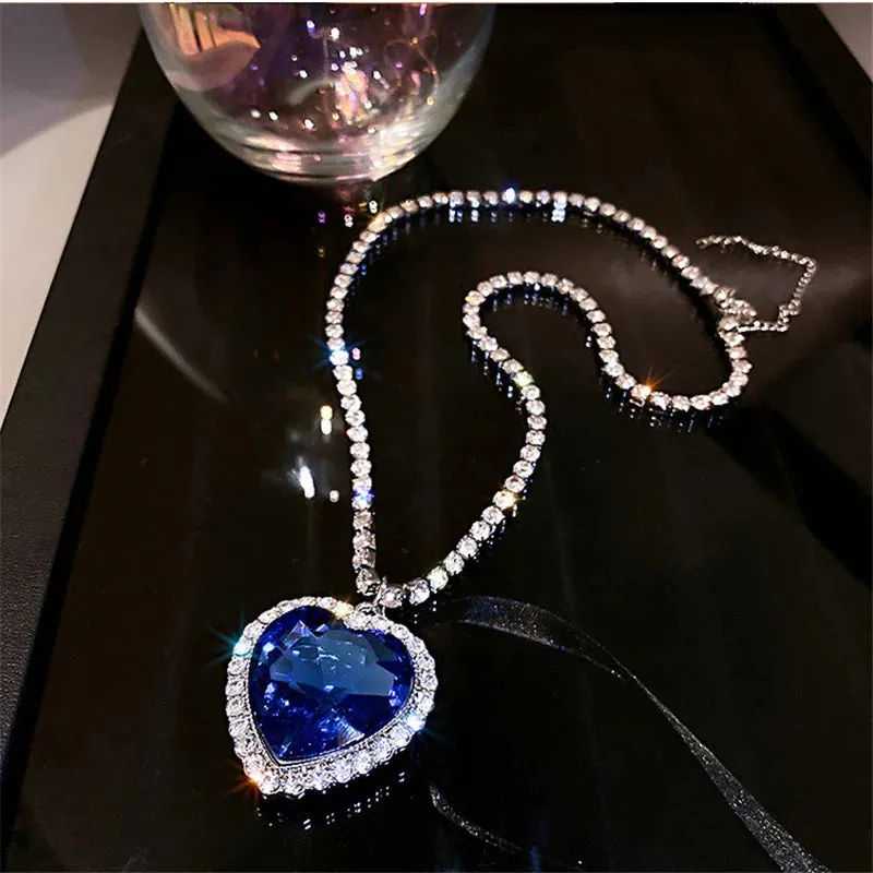 Blue Heart Crystal Necklaces for Women Long Chain Pendant Necklaces Statement Jewelry