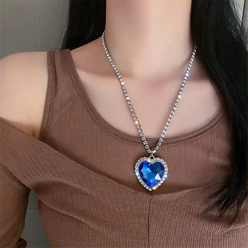 Blue Heart Crystal Necklaces for Women Long Chain Pendant Necklaces Statement Jewelry