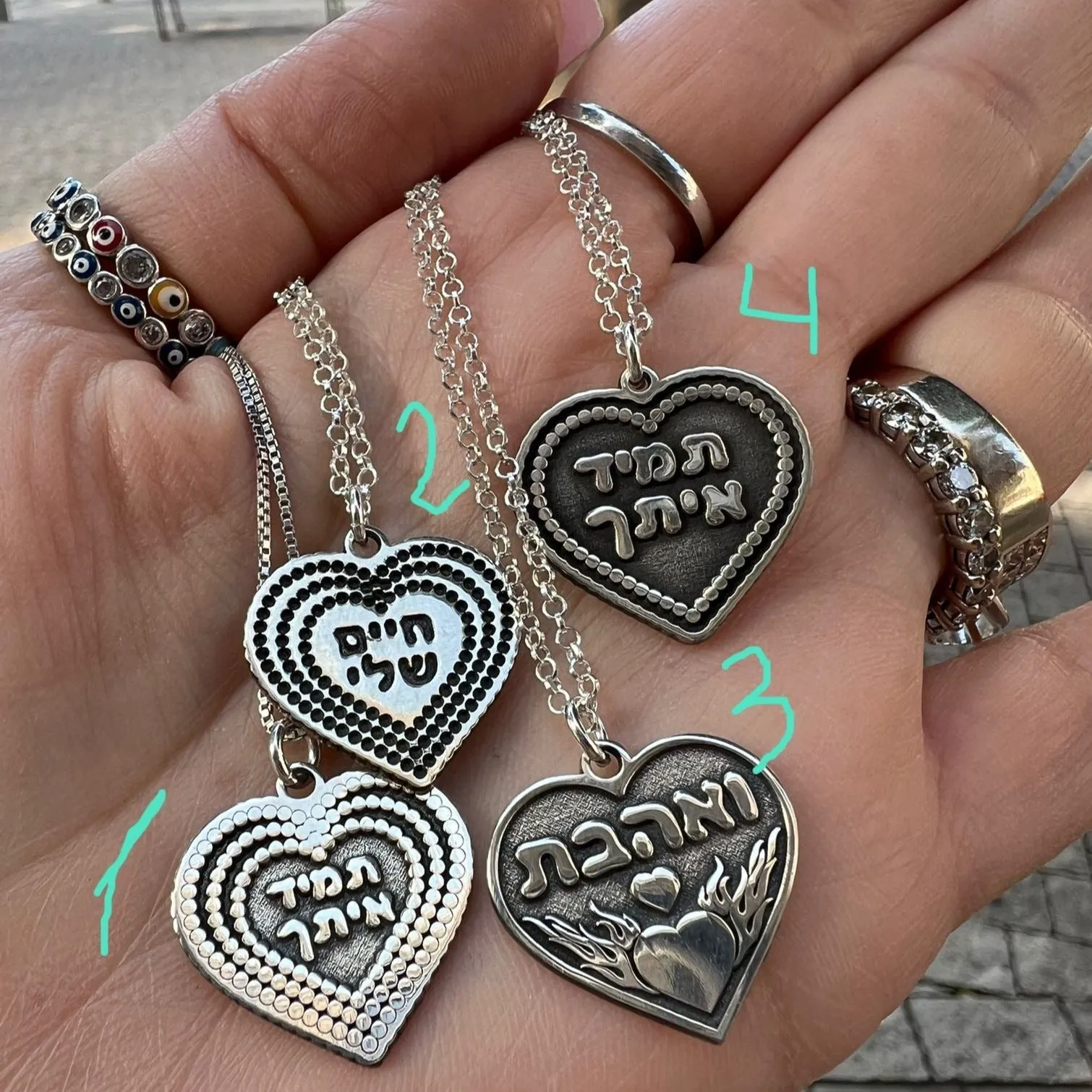 Bluenoemi Heart pendant Hebrew necklace sterling silver Israeli Necklace for woman.