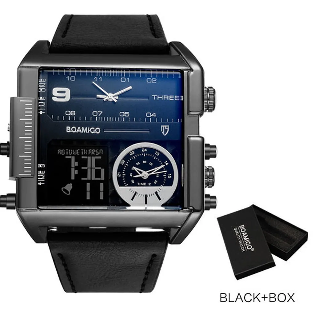 BOAMIGO Brand Men Sports Watches 3 Time Zone Big Man Fashion Military LED Watch Leather Quartz Wristwatches Relogio Masculino