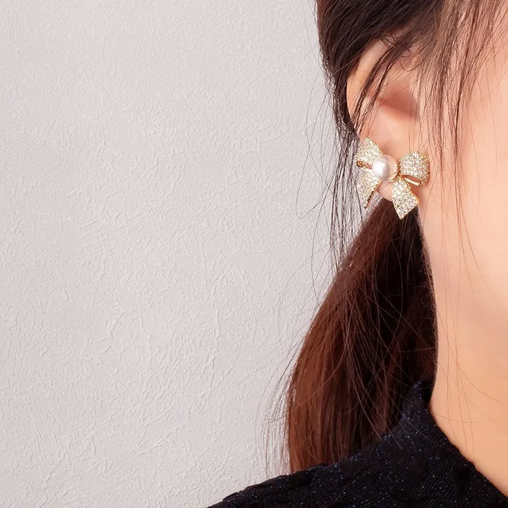 Bow Pearl Stud Earrings - S925