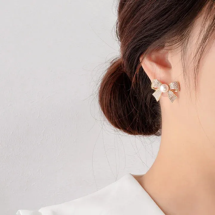 Bow Pearl Stud Earrings - S925