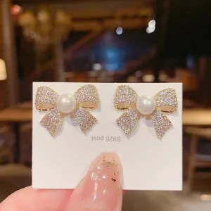 Bow Pearl Stud Earrings - S925