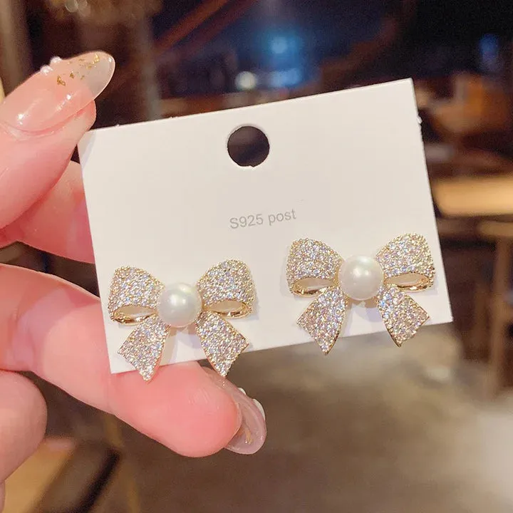 Bow Pearl Stud Earrings - S925