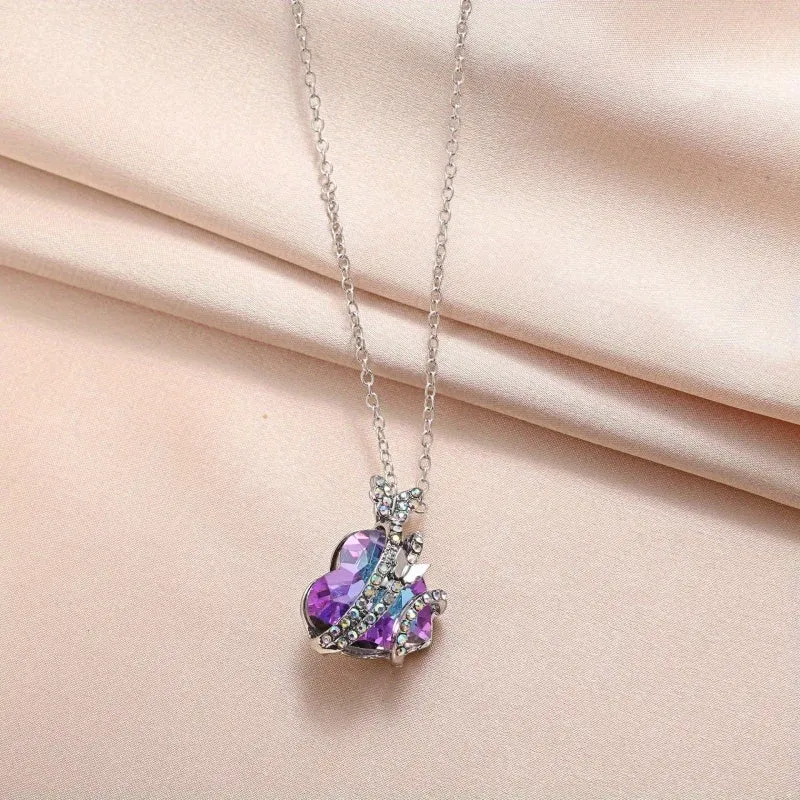 Butterfly Necklace Peach Heart Crystal Chain Clavicle