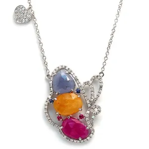 Butterfly Pendant with Slice Multicolor Gemstone Necklace &  Pave Diamonds, 14k White Gold