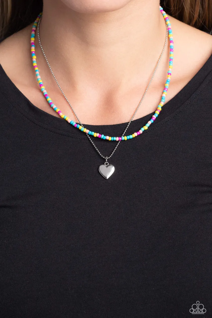 Candy Store - Multi - Multi Colored Seed Bead Silver Heart Tiered Paparazzi Short Necklace