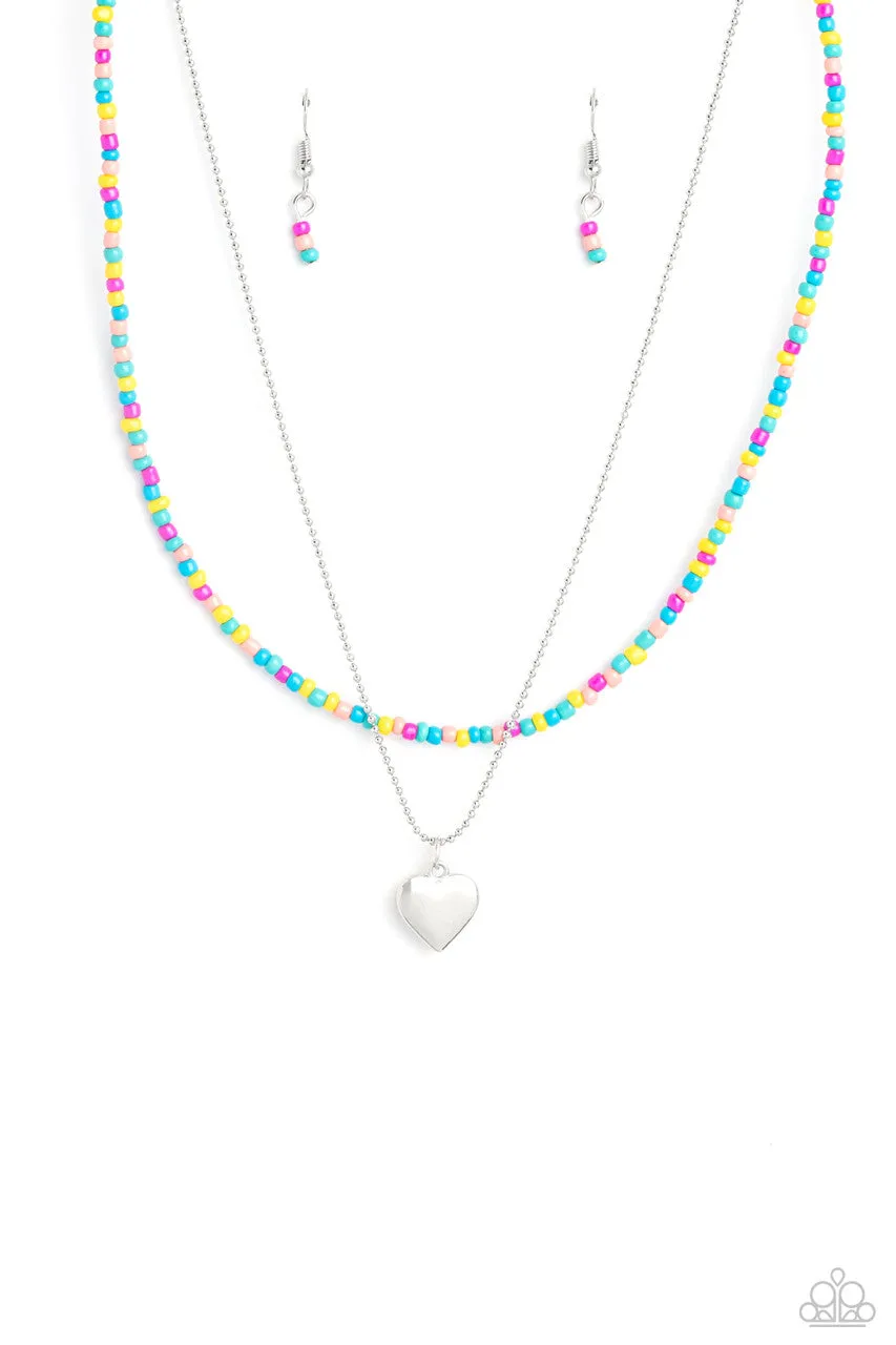 Candy Store - Multi - Multi Colored Seed Bead Silver Heart Tiered Paparazzi Short Necklace