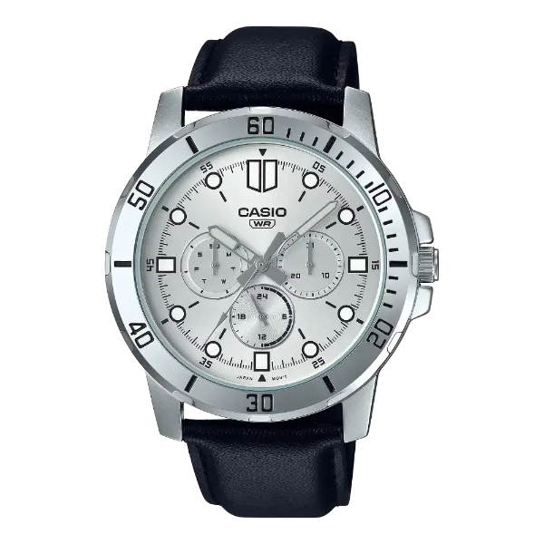 Casio Black Leather Strap Silver Dial Quartz Watch for Gents - MTP-VD300L-7EUDF