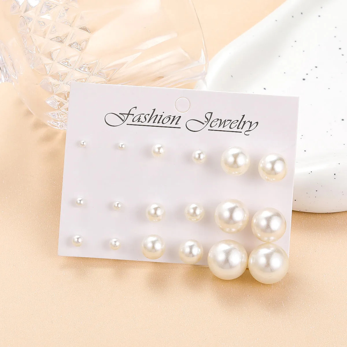 Champagne Pearl & Silver-Plated Round Stud Earrings Set