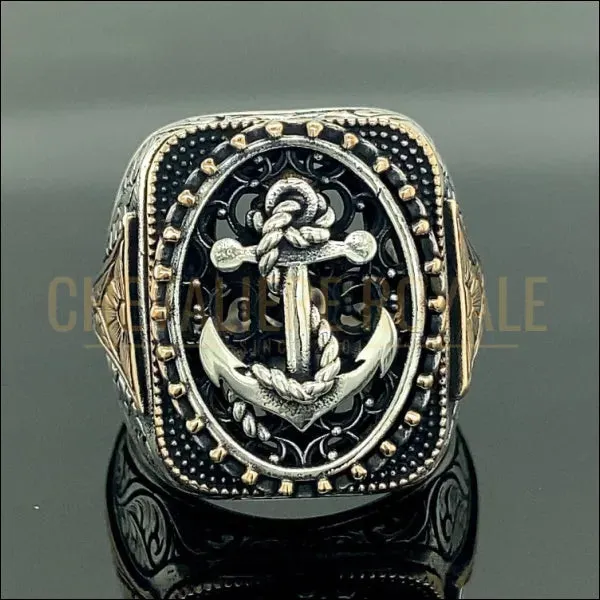 Chevalière homme ancre de marin artisanale orné de broderies