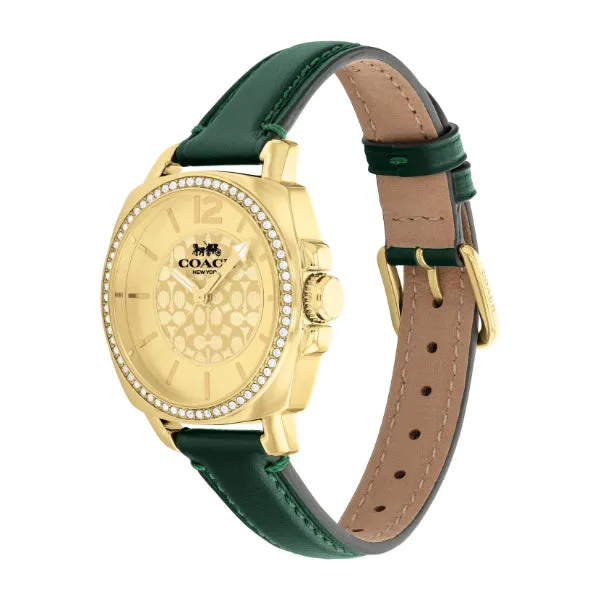 Coach Boyfriend Green Leather Strap Gold Dial Quartz Watch for Ladies - 14503982