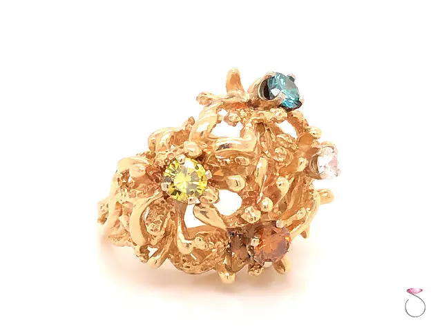 Coral Design Fancy Color Diamond Ring in 14k Yellow Gold