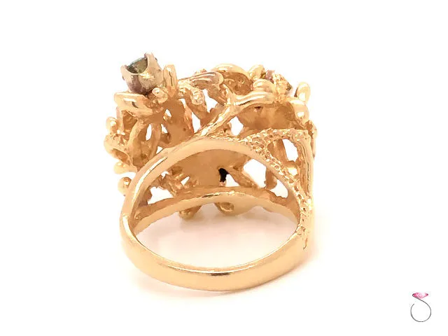 Coral Design Fancy Color Diamond Ring in 14k Yellow Gold