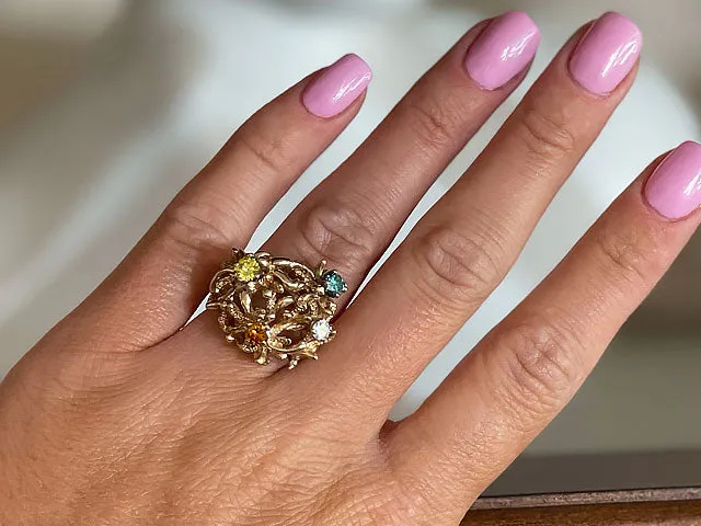 Coral Design Fancy Color Diamond Ring in 14k Yellow Gold