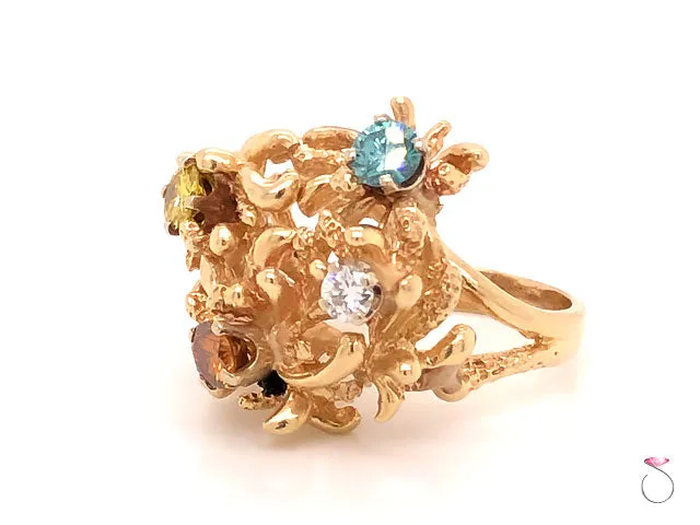 Coral Design Fancy Color Diamond Ring in 14k Yellow Gold