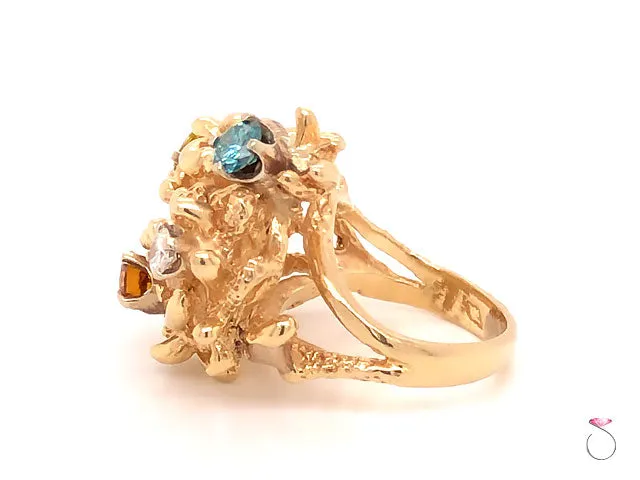 Coral Design Fancy Color Diamond Ring in 14k Yellow Gold