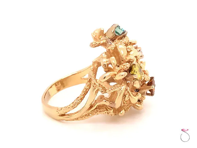 Coral Design Fancy Color Diamond Ring in 14k Yellow Gold