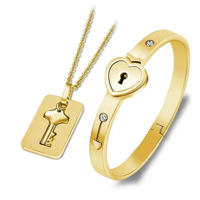 Couple Jewelry Stainless Steel Bracelet Love Heart Lock Bracelets Bangles Key Pendant Necklace for Lover Jewelry Gift