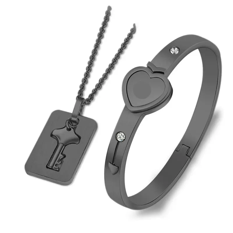 Couple Jewelry Stainless Steel Bracelet Love Heart Lock Bracelets Bangles Key Pendant Necklace for Lover Jewelry Gift