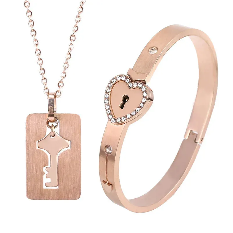 Couple Jewelry Stainless Steel Bracelet Love Heart Lock Bracelets Bangles Key Pendant Necklace for Lover Jewelry Gift
