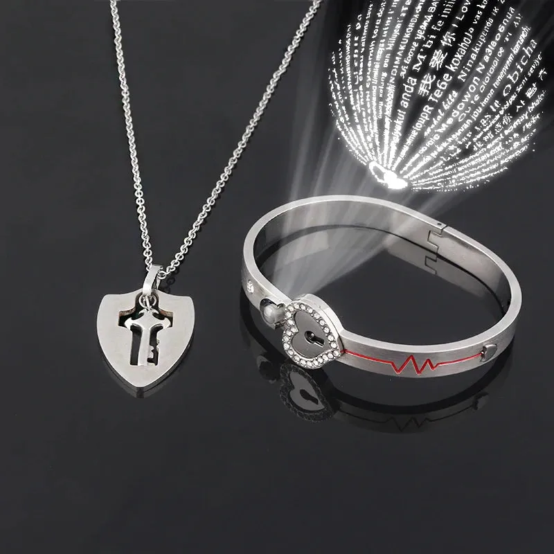 Couple Jewelry Stainless Steel Bracelet Love Heart Lock Bracelets Bangles Key Pendant Necklace for Lover Jewelry Gift
