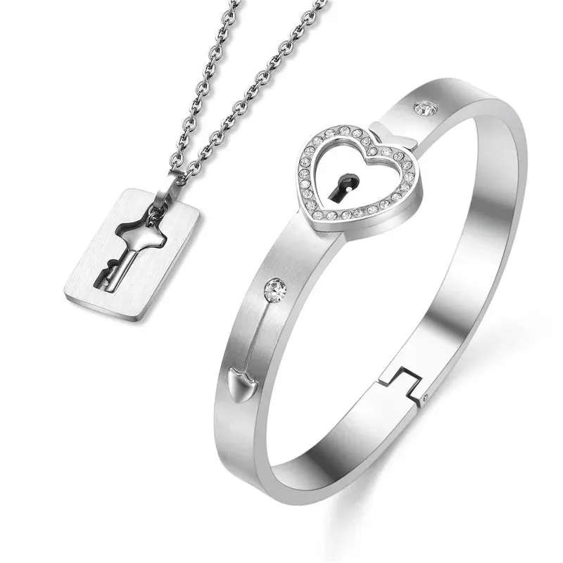 Couple Jewelry Stainless Steel Bracelet Love Heart Lock Bracelets Bangles Key Pendant Necklace for Lover Jewelry Gift