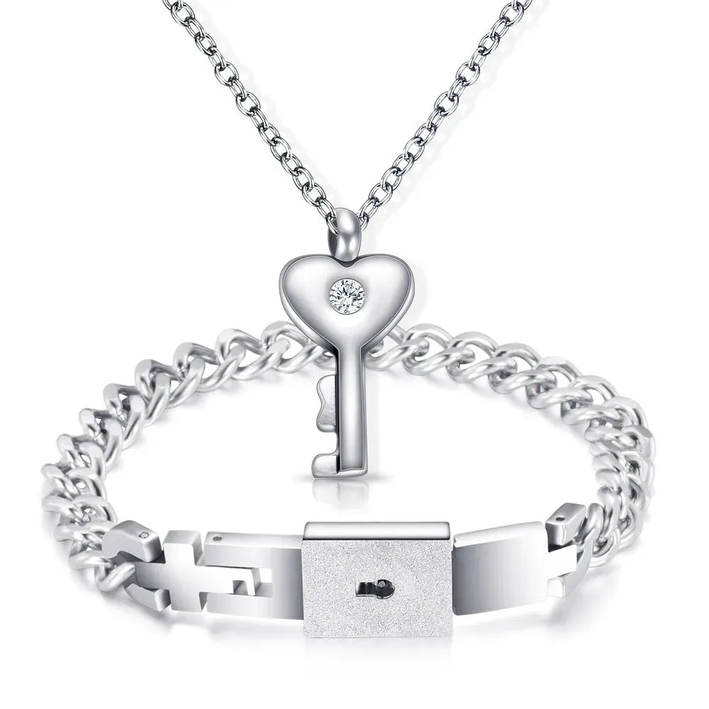 Couple Jewelry Stainless Steel Bracelet Love Heart Lock Bracelets Bangles Key Pendant Necklace for Lover Jewelry Gift