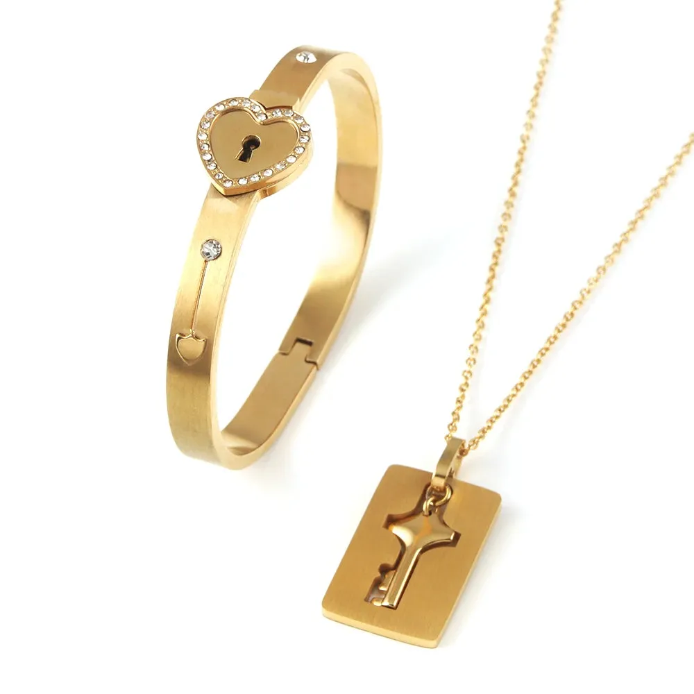 Couple Jewelry Stainless Steel Bracelet Love Heart Lock Bracelets Bangles Key Pendant Necklace for Lover Jewelry Gift