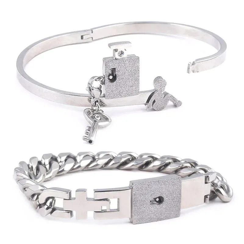 Couple Jewelry Stainless Steel Bracelet Love Heart Lock Bracelets Bangles Key Pendant Necklace for Lover Jewelry Gift