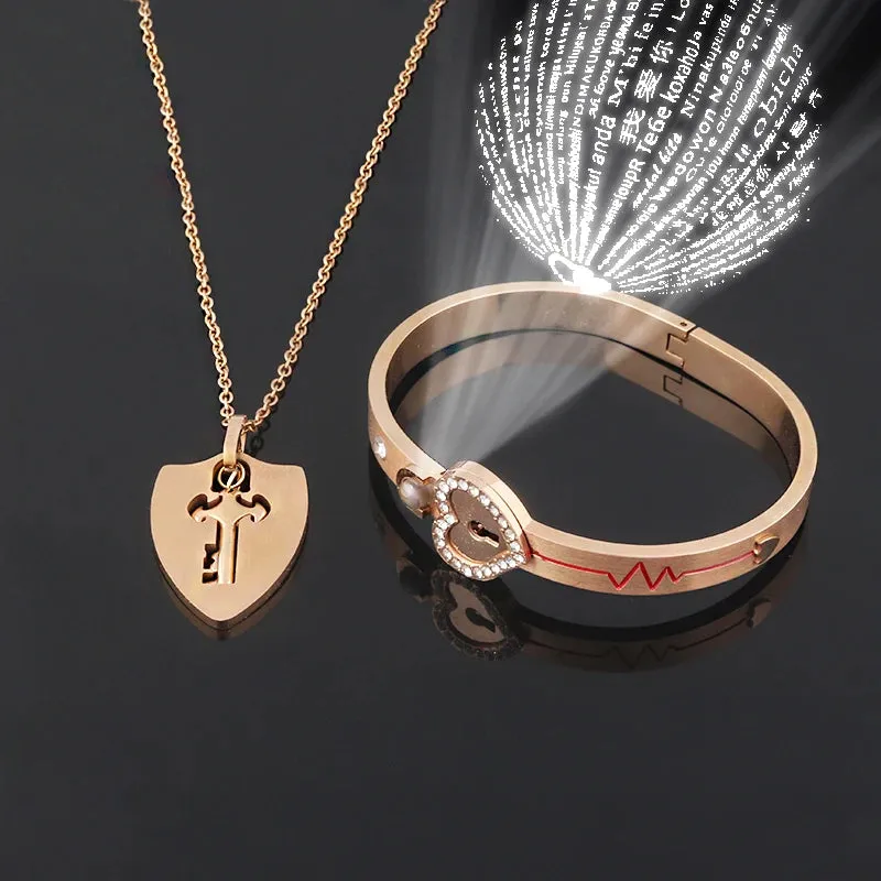Couple Jewelry Stainless Steel Bracelet Love Heart Lock Bracelets Bangles Key Pendant Necklace for Lover Jewelry Gift